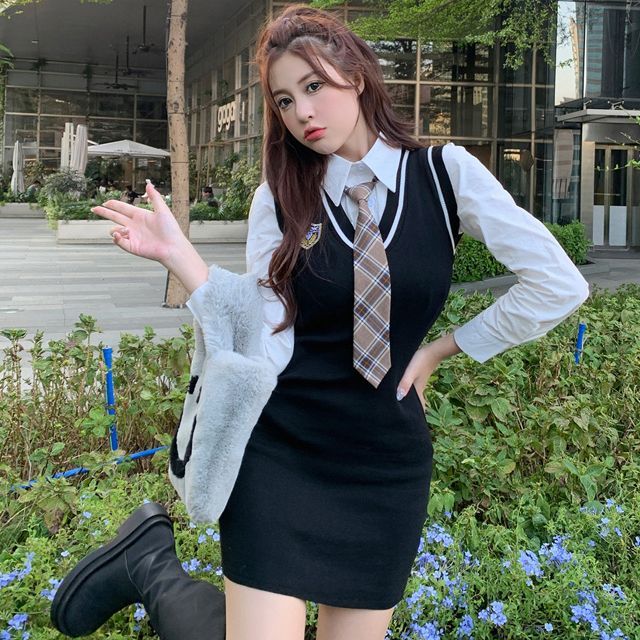plaid dress shirt with tie Gelbes - Plain Button-Up Shirt / Plaid Neck Tie / Badge Embroidered Mini  Knit Pinafore Dress / Set