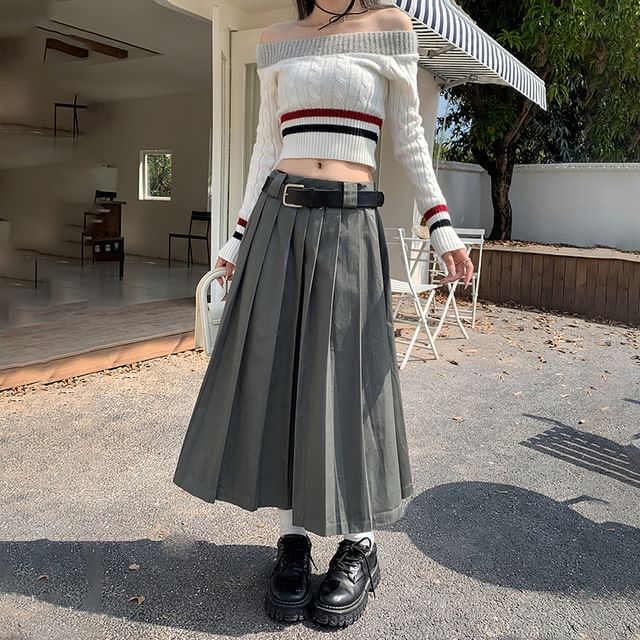 Faiar Mid Rise Plain Pleated Midi A-Line Skirt YesStyle