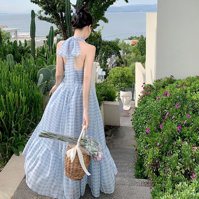 Juuri-Halter Plaid Midi A-Line Sundress