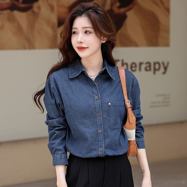 Happo-Long Sleeve Collared Washed Denim Shirt