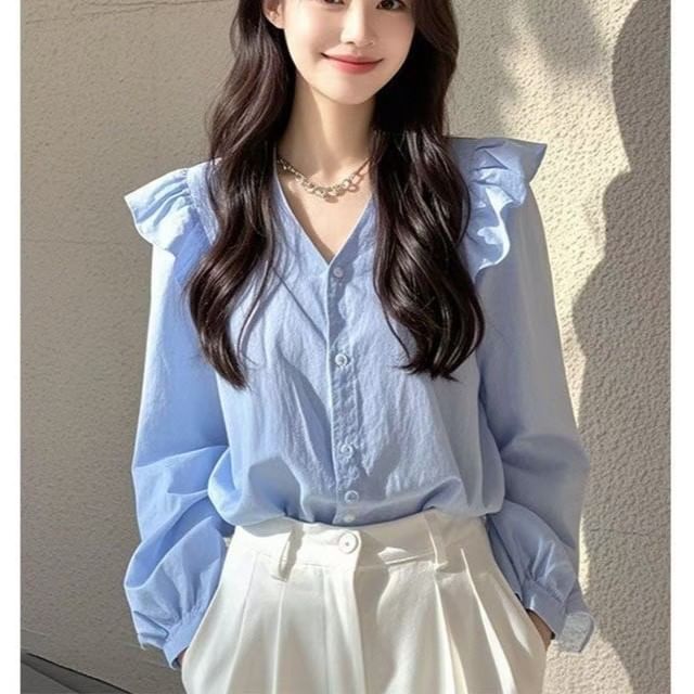 Happo-Long-Sleeve V-Neck Ruffle Trim Button-Up Plain Blouse