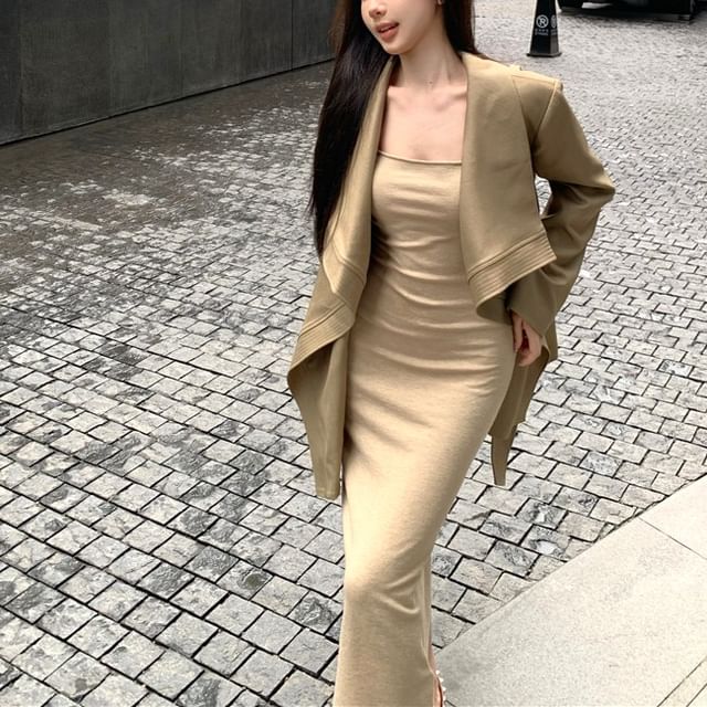 Kizmi-Collared Plain Tie Front Jacket Spaghetti Strap Plain Maxi Sheath Dress