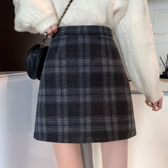 Sisyphi-High Rise Plaid A-Line Mini Skirt