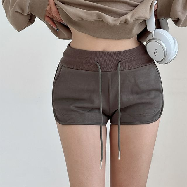 LIVIE-High Waist Drawstring Plain Piped Shorts