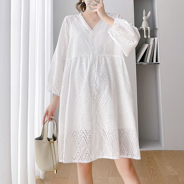 Melon Juice-Maternity Puff-Sleeve V-Neck Plain Mini Dress
