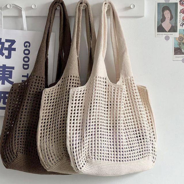 Basaran-Plain Pointelle Knit Tote Bag