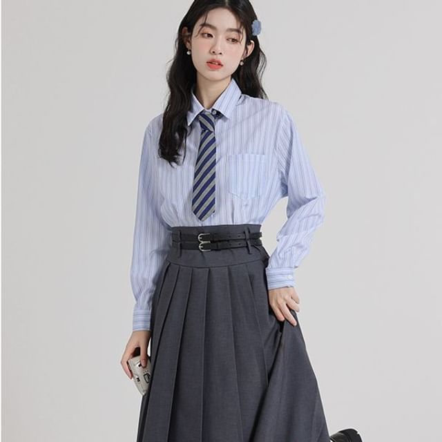 sansweet - Long-Sleeve Striped Shirt / V-Neck Embroidered Button Sweater  Vest / High Rise Pleated Midi A-Line Skirt