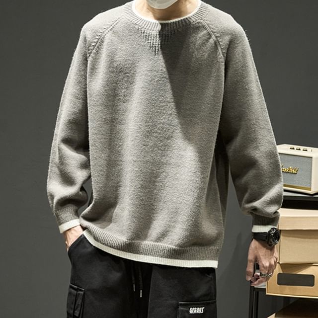 Redsinc-Crew Neck Plain Contrast Trim Sweater