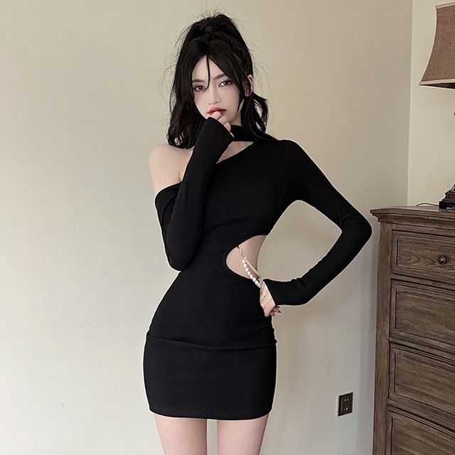 basic midi bodycon dress Black Dress Long Sleeve Cut Out Details Bodycon Rib