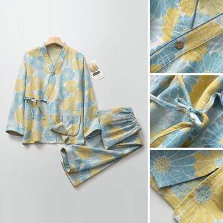 Finlies Pajama Set Long Sleeve V Neck Floral Patterned Wrap Top + Elastic