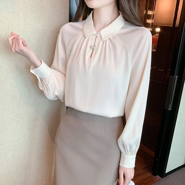 Dragan Pulse-Long-Sleeve Satin Frog Buttoned Plain Blouse