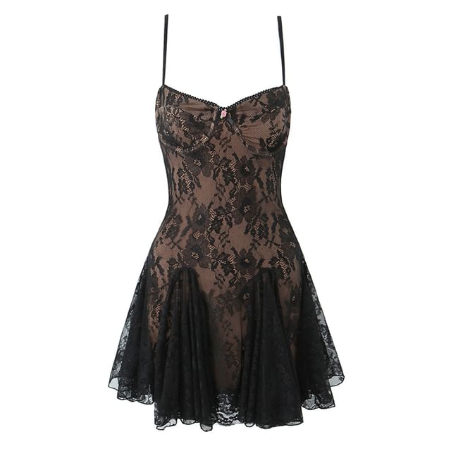 Ulark-Spaghetti Strap V-Neck Lace A-Line Dress