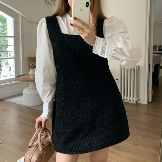 Beem-Long Sleeve Crew Neck Plain Blouse Square Neck Plain Mini A-Line Dungaree Dress