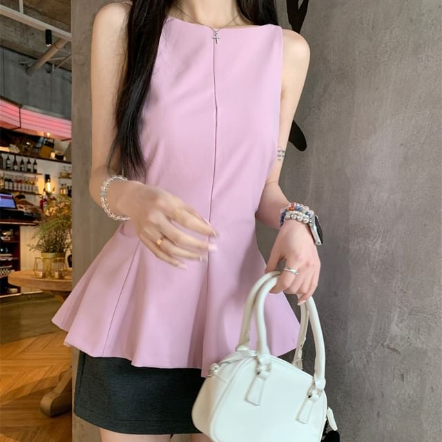 Beem-Sleeveless Boat Neck Plain Peplum Blouse