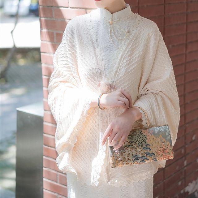 Golden Flowers-Lace Trim Knit Shawl