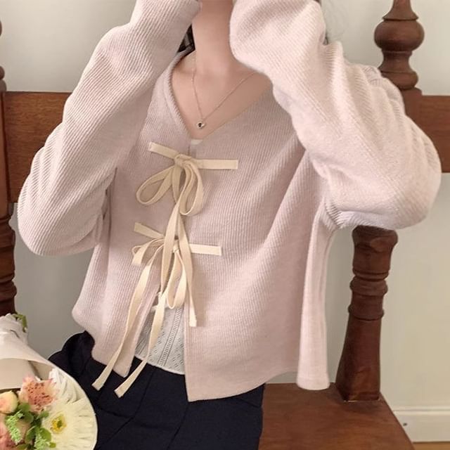 PERKARP-V-Neck Tie Front Plain Crop Cardigan