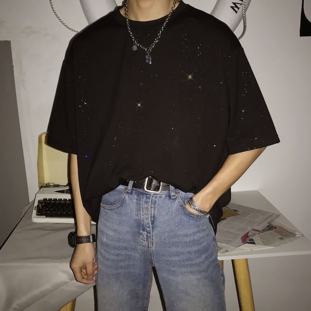 Adothuiastic-Elbow-Sleeve Crew Neck Glitter T-Shirt