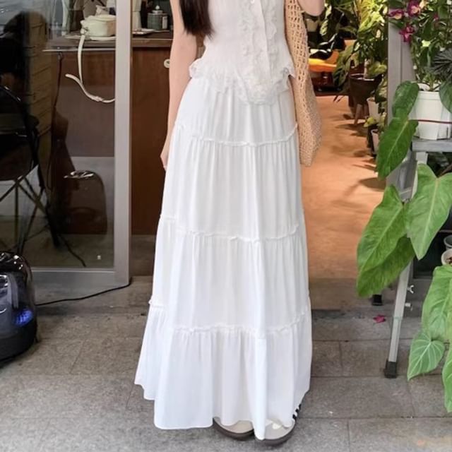 Woohan-High Rise Plain Maxi A-Line Skirt