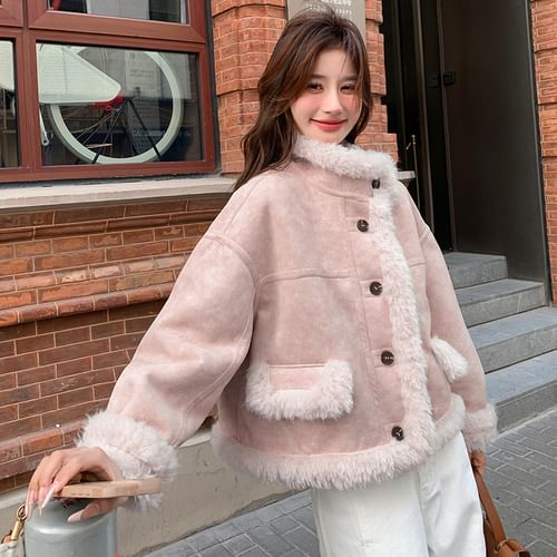 Heiti - Stand Collar Faux Shearling Button Jacket | YesStyle