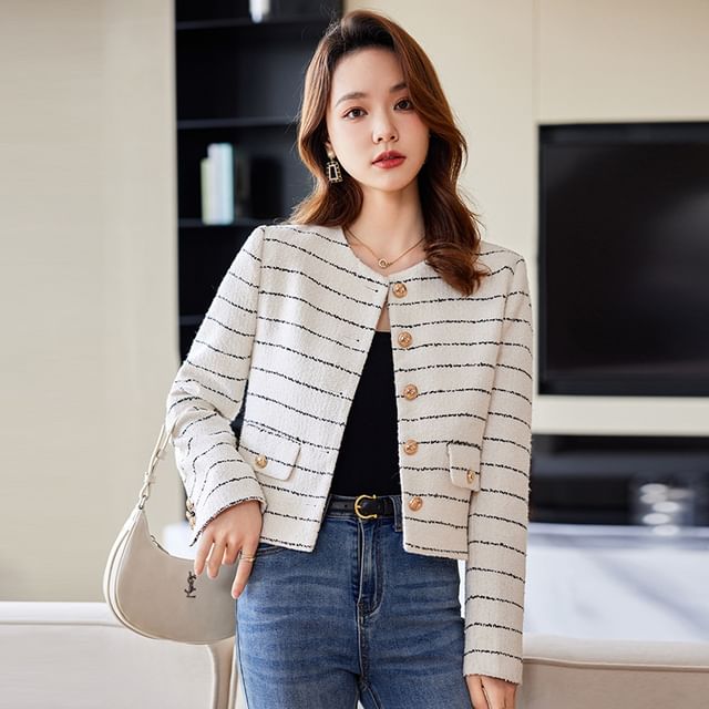 Jeonseon-V-Neck Striped Button-Up Tweed Jacket