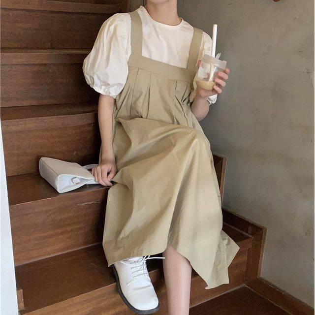 ZENME - Puff-Sleeve Blouse / Midi A-Line Overall Dress | YesStyle