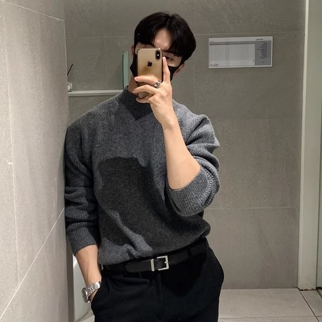 Savenne-Mock Neck Plain Sweater