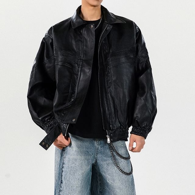 Omozando-Plain Faux Leather Zip Jacket