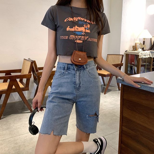 Distressed Longline Denim Shorts 