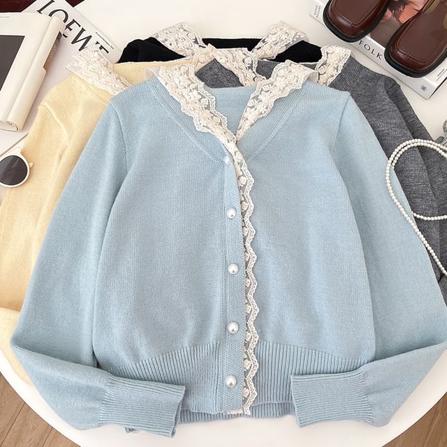 DIYI-V-Neck Lace Trim Cropped Cardigan