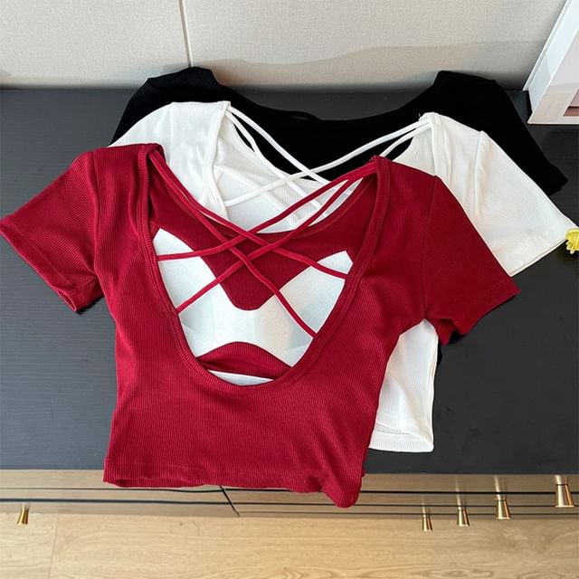Lemongrass-X-Back Skinny Crop Tee with Pad