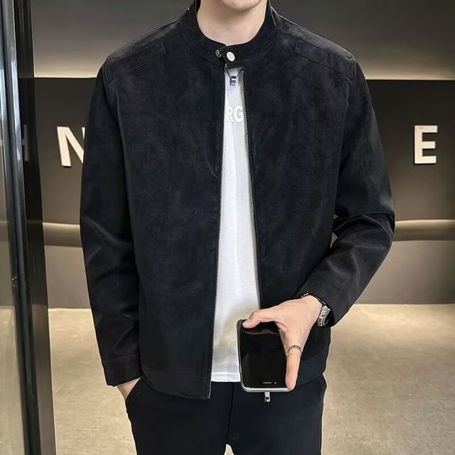 Lingaris-Stand Collar Plain Zip-Up Jacket