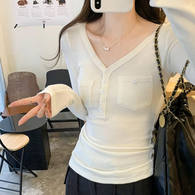 Asiris-Long-Sleeve Plain Henley T-Shirt
