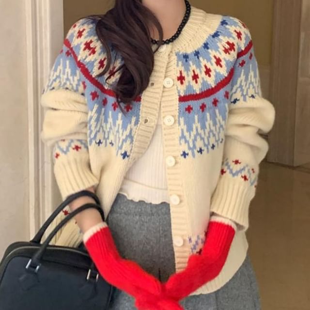 Jesong-Jacquard Button-Up Cardigan