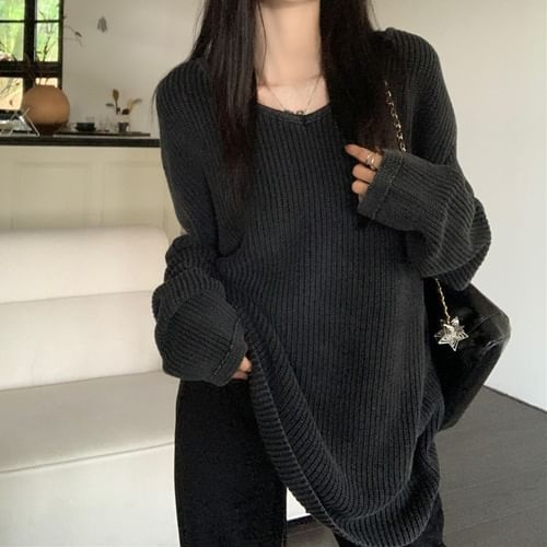 V-Neck Plain Sweater / Drawstring Waist Plain Flared Sweatpants