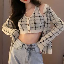 Essere - Sleeveless Plaid Button-Up Cropped Knit Top / Cardigan