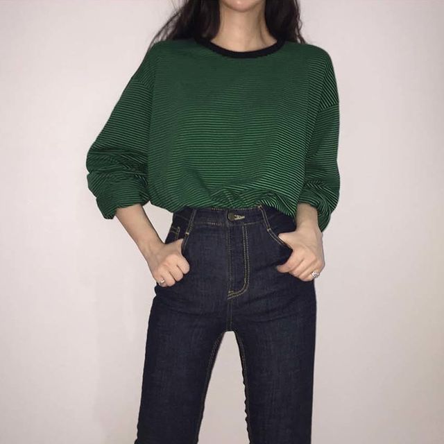Glotto-Long Sleeve Round Neck Pinstripe Oversized Tee