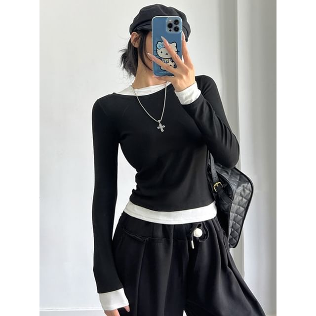 Maisee-Colorblock Mock Two-Piece T-Shirt