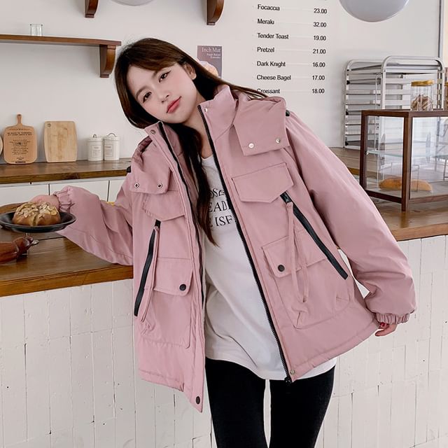 Sienne-Stand Collar Plain Hood Zip Puffer Jacket