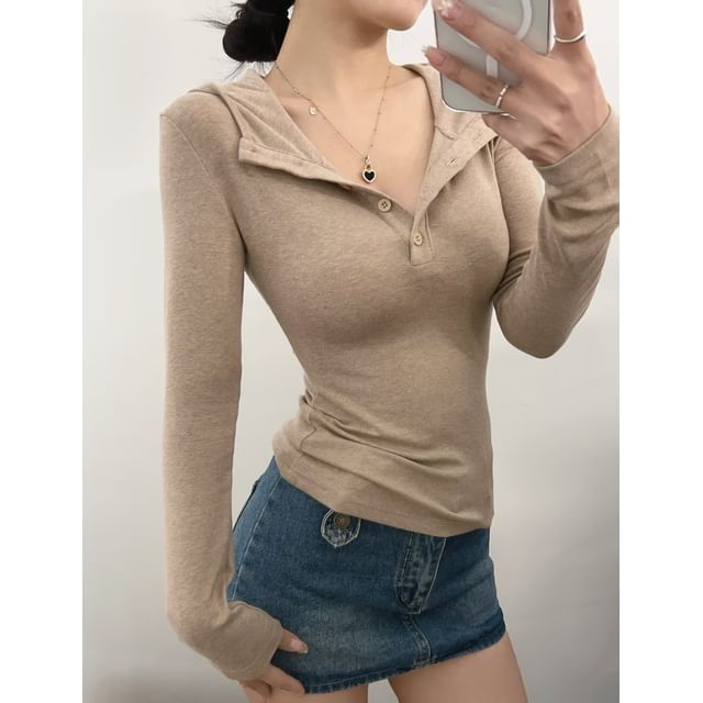 Ulark-Plain Half-Buttoned Slim Fit Hoodie