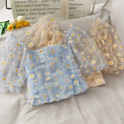 Lemongrass - Daisy-Print Ruched Light Top Lemongrass - Daisy-Print Ruched Light Top