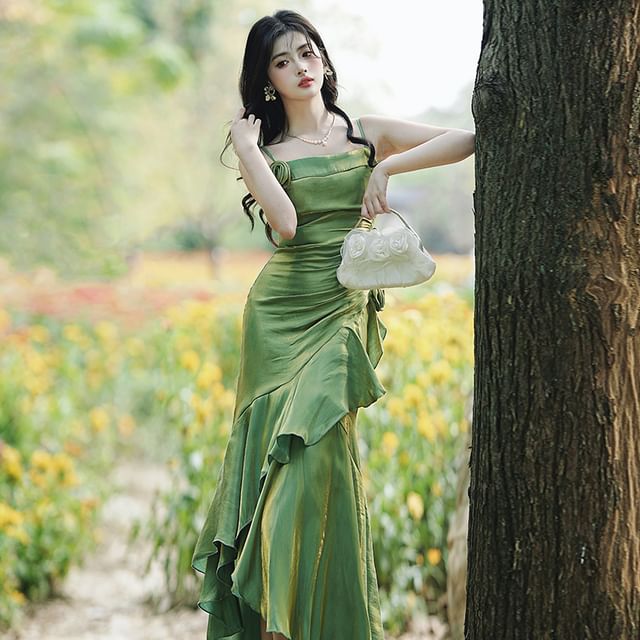 sansweet-Spaghetti Strap Asymmetrical Plain Maxi A-Line Dress