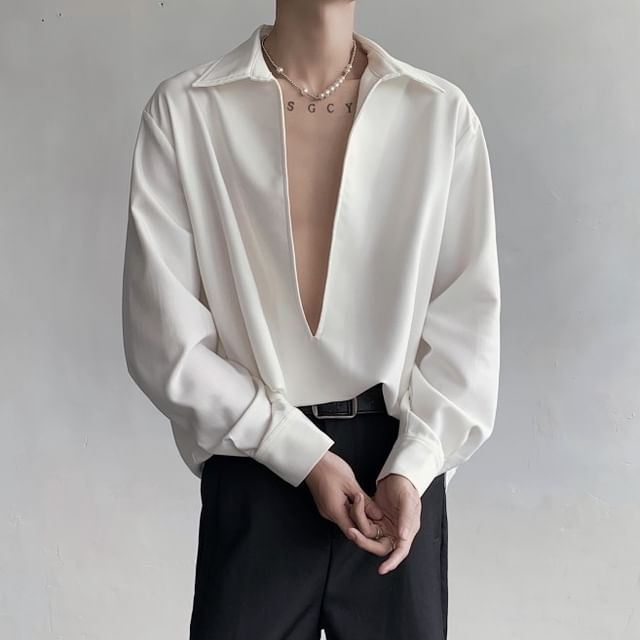 Freehop-Long-Sleeve Notch Neck Plain Shirt