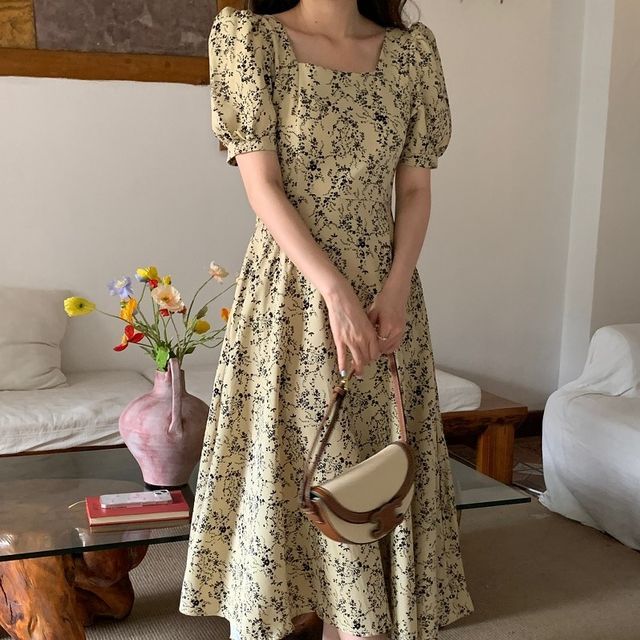 yesstyle cottagecore dress Purplepens - Puff-Sleeve Square Neck Floral Midi A-Line Dress