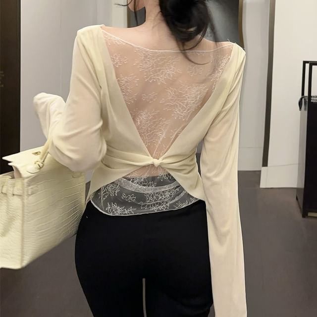Ukiyo-Long-Sleeve Plain Open Back Lace Panel Top