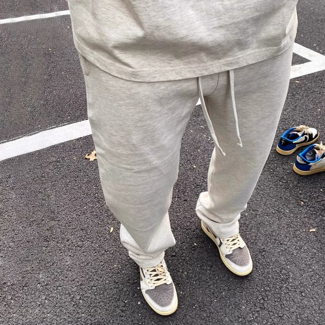 DragonRoad-Drawstring Waist Plain Straight Leg Sweatpants