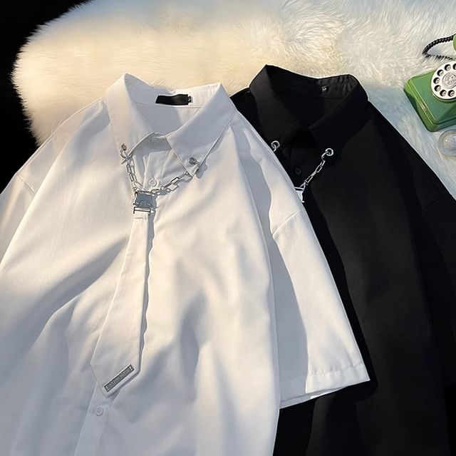 Diphon-Elbow-Sleeve Chained Button-Up Plain Shirt