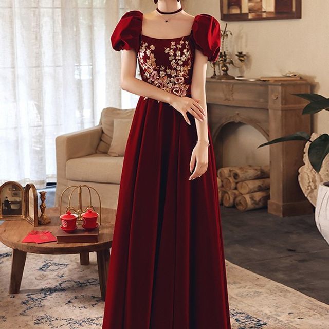 Showstopper - Short-Sleeve Velvet A-Line Evening Gown | YesStyle Showstopper - Short-Sleeve Velvet A-Line Evening Gown | YesStyle