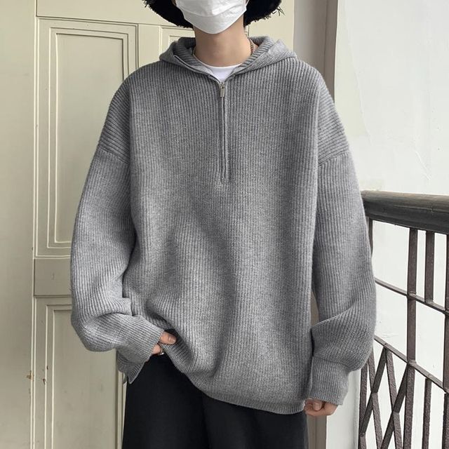 Koiyua Plain Hood Half Zip Sweater YesStyle