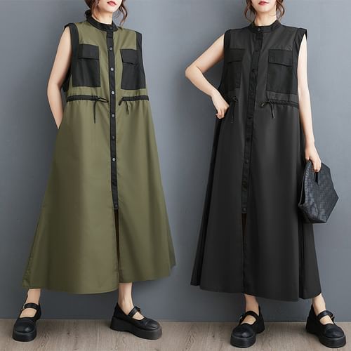 Shinobu - Sleeveless Band Collar Flap Pocket Panel