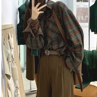 MIKIGA-Long Sleeve Collared Plaid Shirt